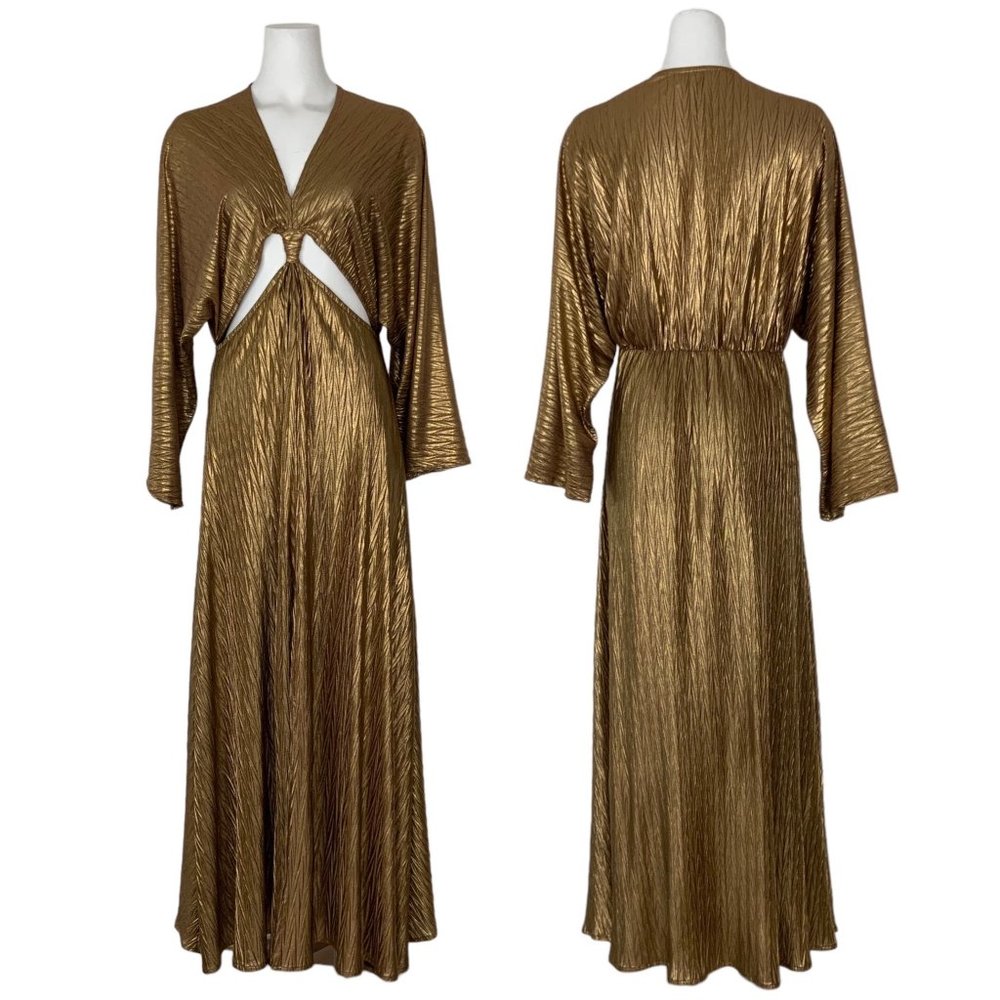 Vita Grace Knotted Metallic Dress S Gold Bronze Maxi Front Slit V-Neck Cutout